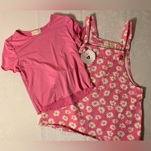 NWT Outfit: Overall Skirt of Pink Denim w White Daisy Print + Pink Top